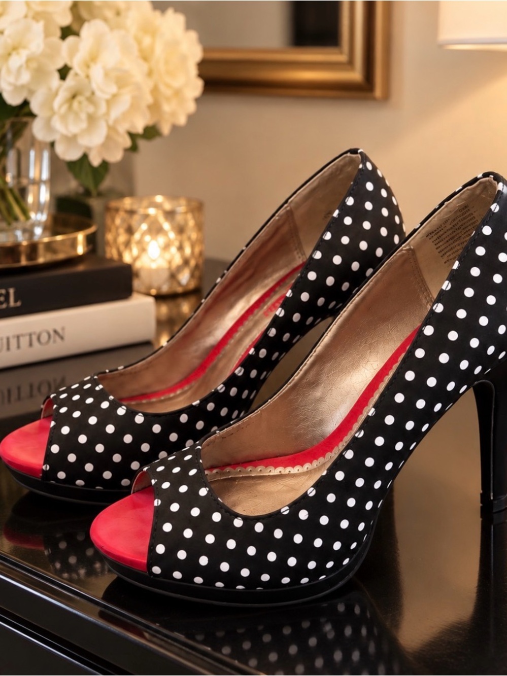 Rampage Black and White Polka Dot Peep-Toe Heels with Red Toe